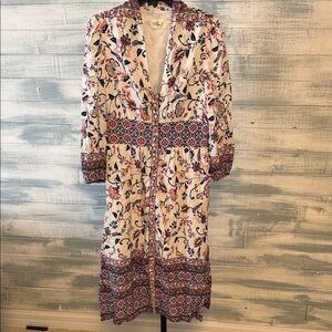 Eliza J Floral Linen Blend Dress Size 6 Boho Midi Button Front 42.5” Length